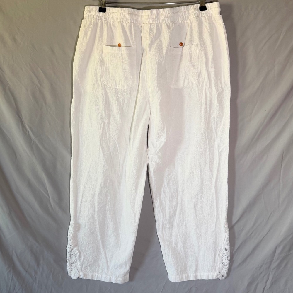 Womens White 100% Cotton Lace Trim Cropped Pants Elastic Waist Gauze 2XL - Picture 2 of 7